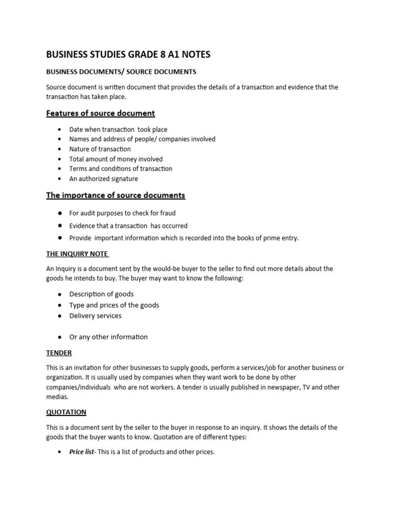 Grade 8 Business Studies Notes | PDF | Business | Finance & Money ...