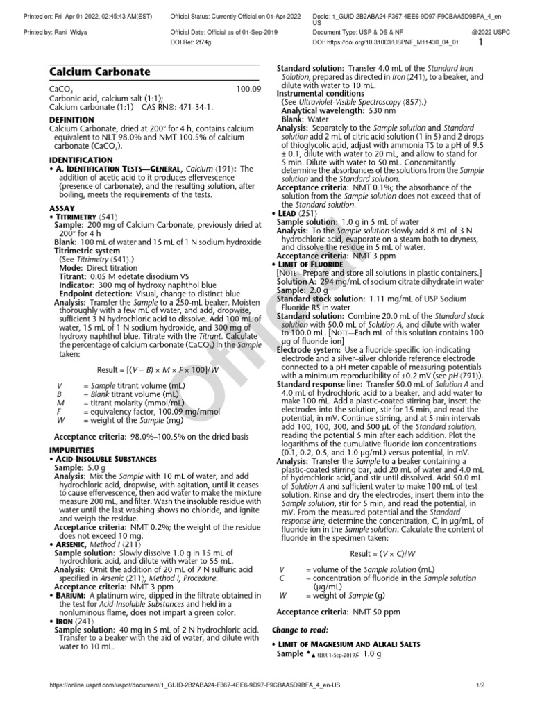USP Calcium Carbonate PDF Chemistry Titration
