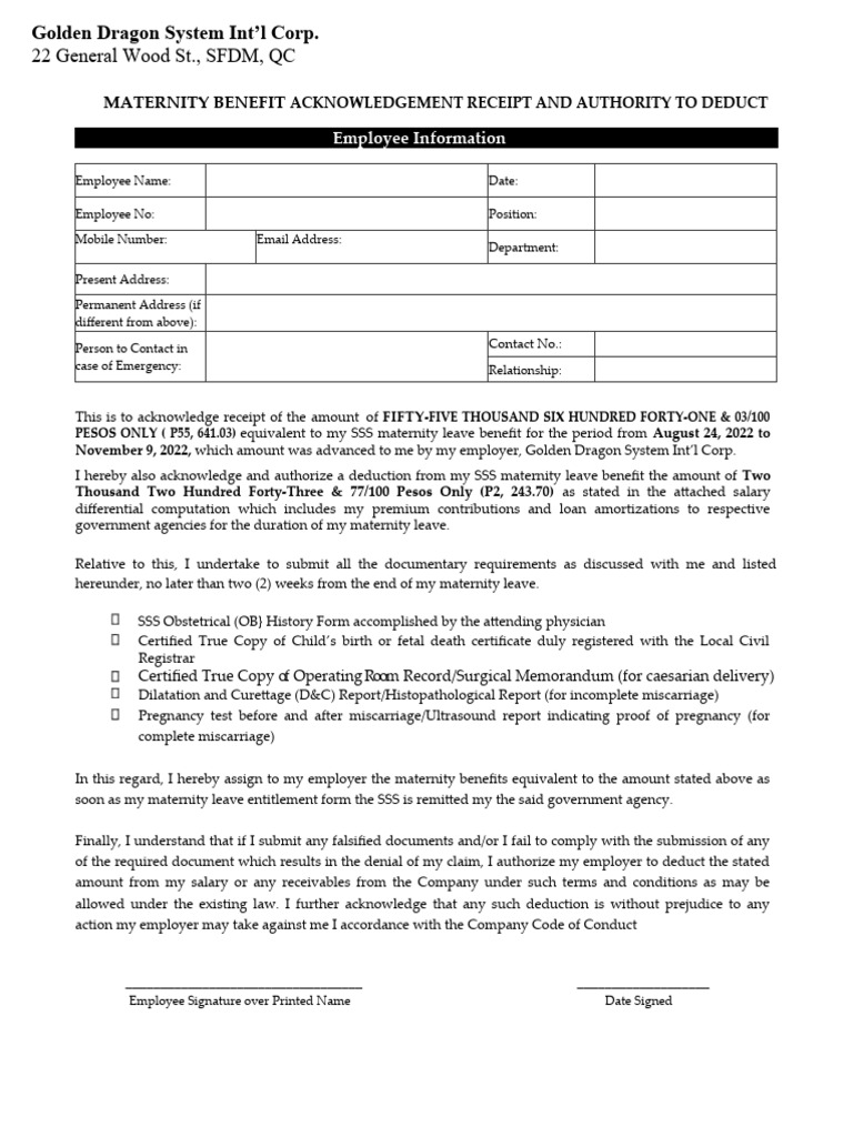 HR014 SSS Maternity Benefit Acknowledgement PDF Miscarriage