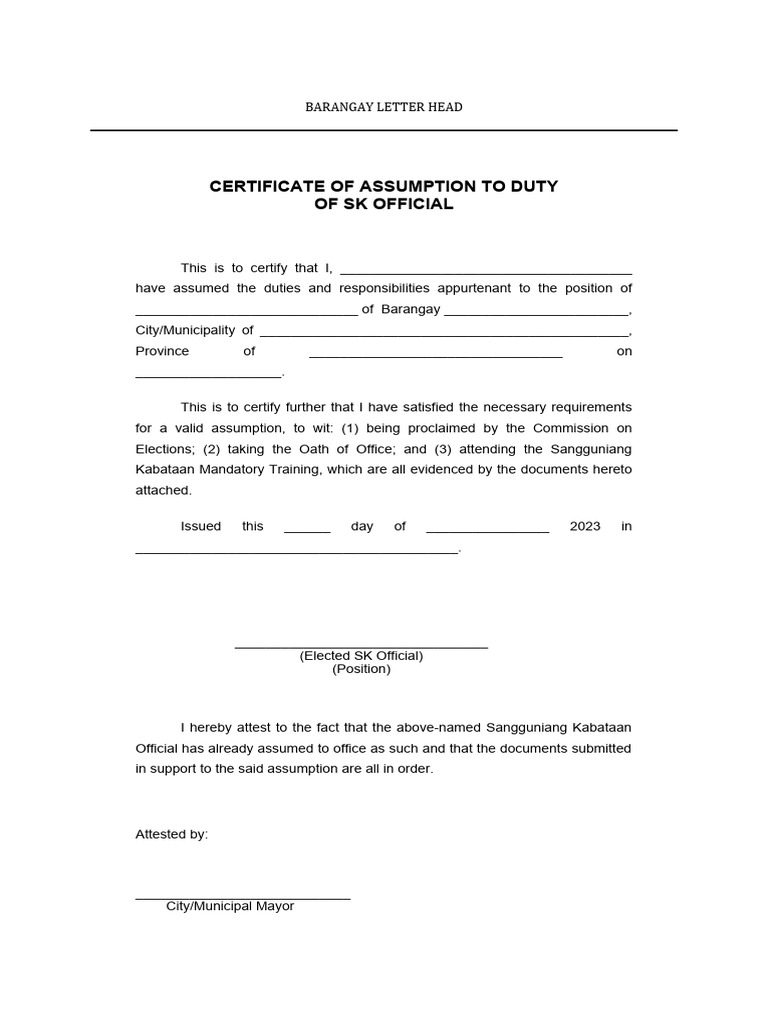 Certificate of assumption to duty of sk and brgy official 1 pdf