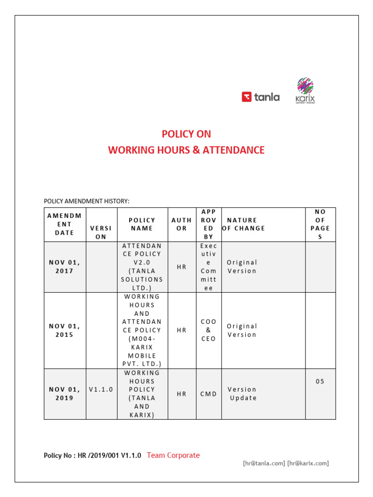 Working Hours & Attendance Policy | PDF | Career & Growth