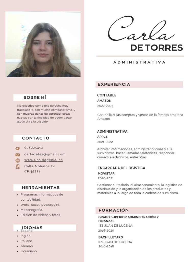 Currículum Vitae CV Diseñadora y Arquitecta Minimalista Rosa | PDF