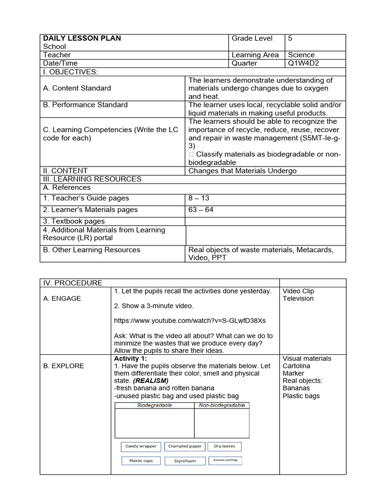 Grade 5 Science Lesson Plan: Waste Management | PDF | Learning ...