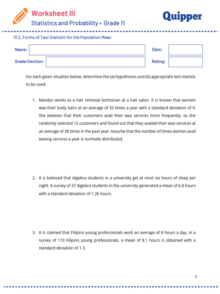 Worksheet III Statistics and Probability Grade 11 PDF Standard