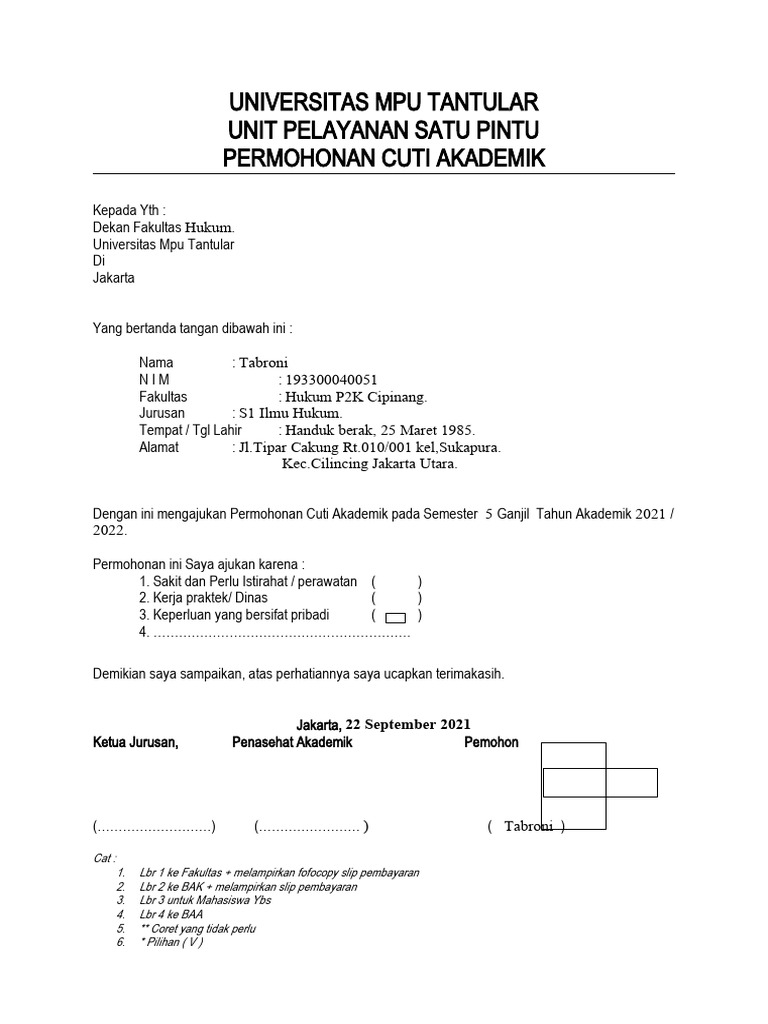 01-Form Permohonan Cuti Akademik-Umt | PDF