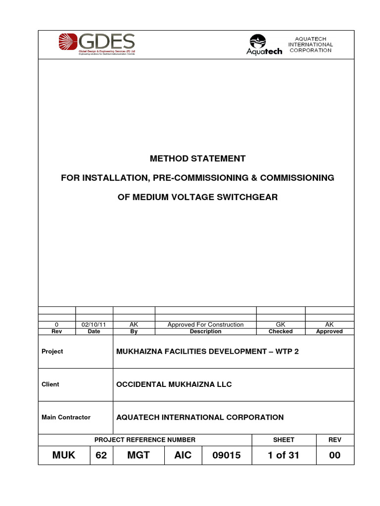 Medium Voltage Switchgear Procedures | PDF | Specification (Technical ...