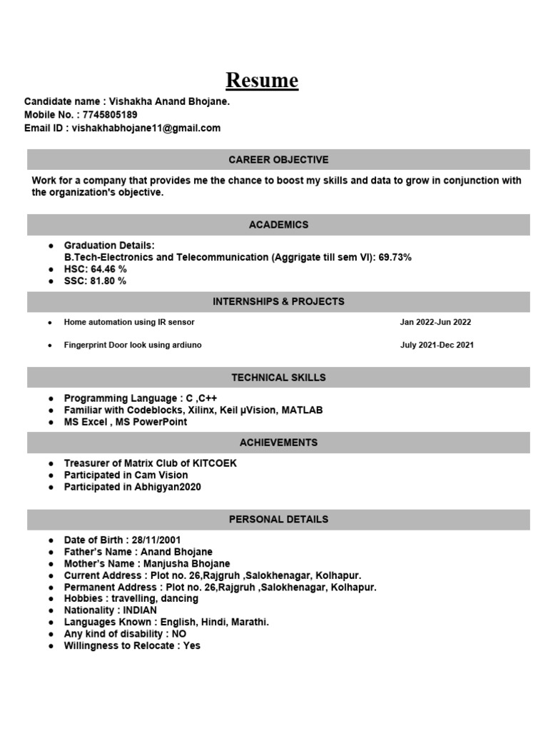 Vishakha Anand Bhojane Resume | PDF | Career & Growth