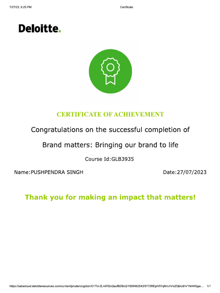 Certificate_Brand matters Bringing our brand to life | PDF