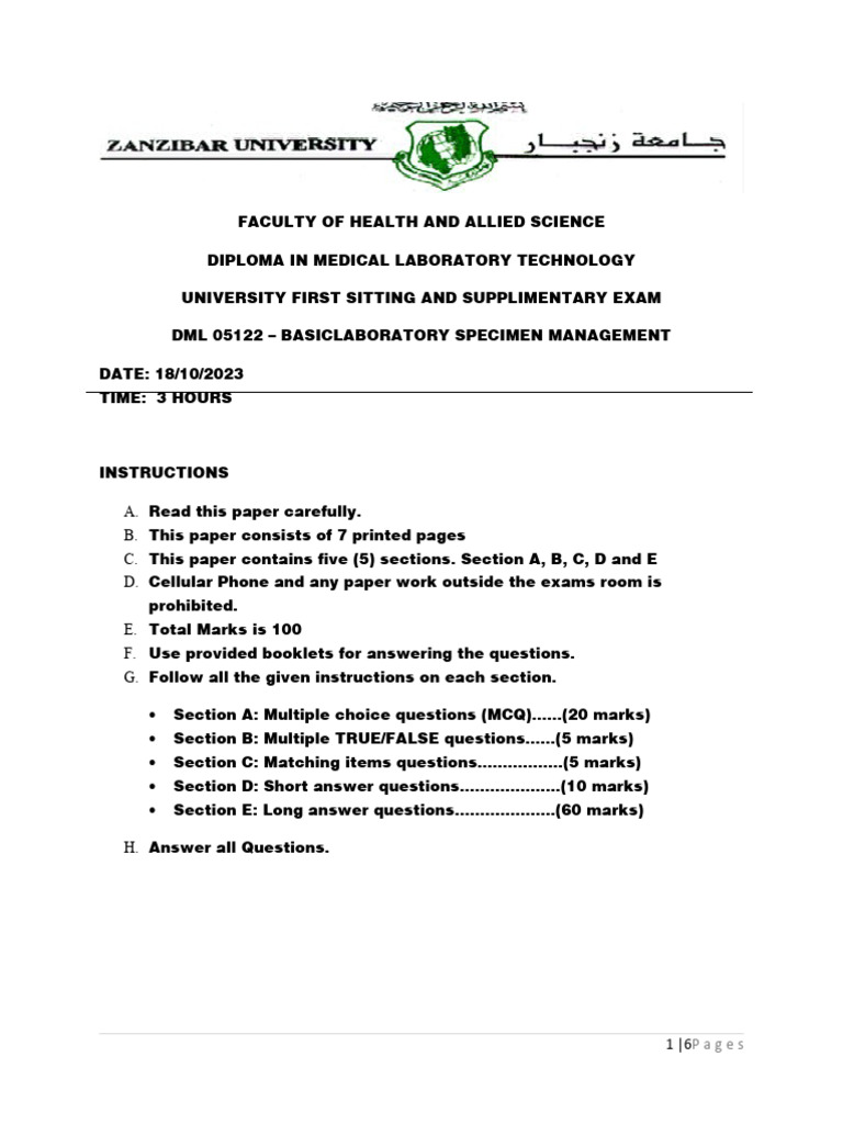 Medical Laboratory Technology Exam Guide | PDF | Clinical Medicine ...