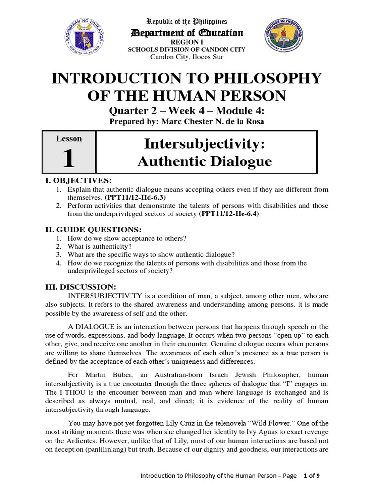 Introduction-To-Philosophy Q2 W4 M4 LDS Intersubjectivity-Authentic ...