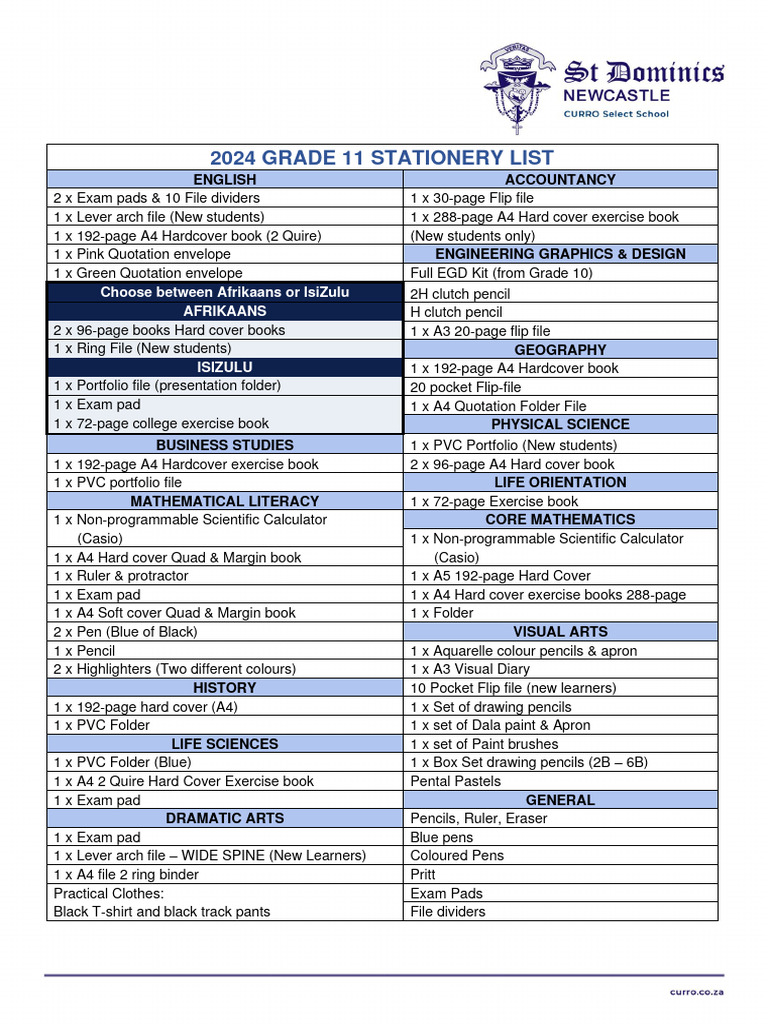 2024 Grade 11 Stationery Requirements | PDF | Pencil | Tools