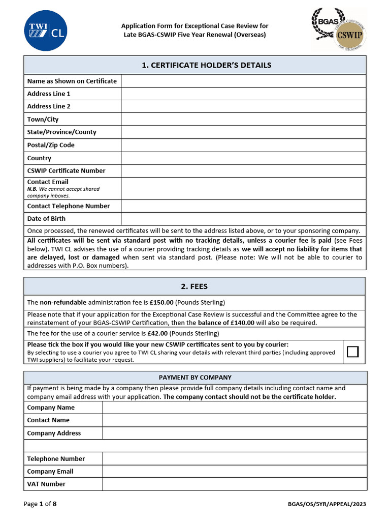 BGAS-CSWIP Renewal Application Form | PDF | Debit Card | Nondestructive ...