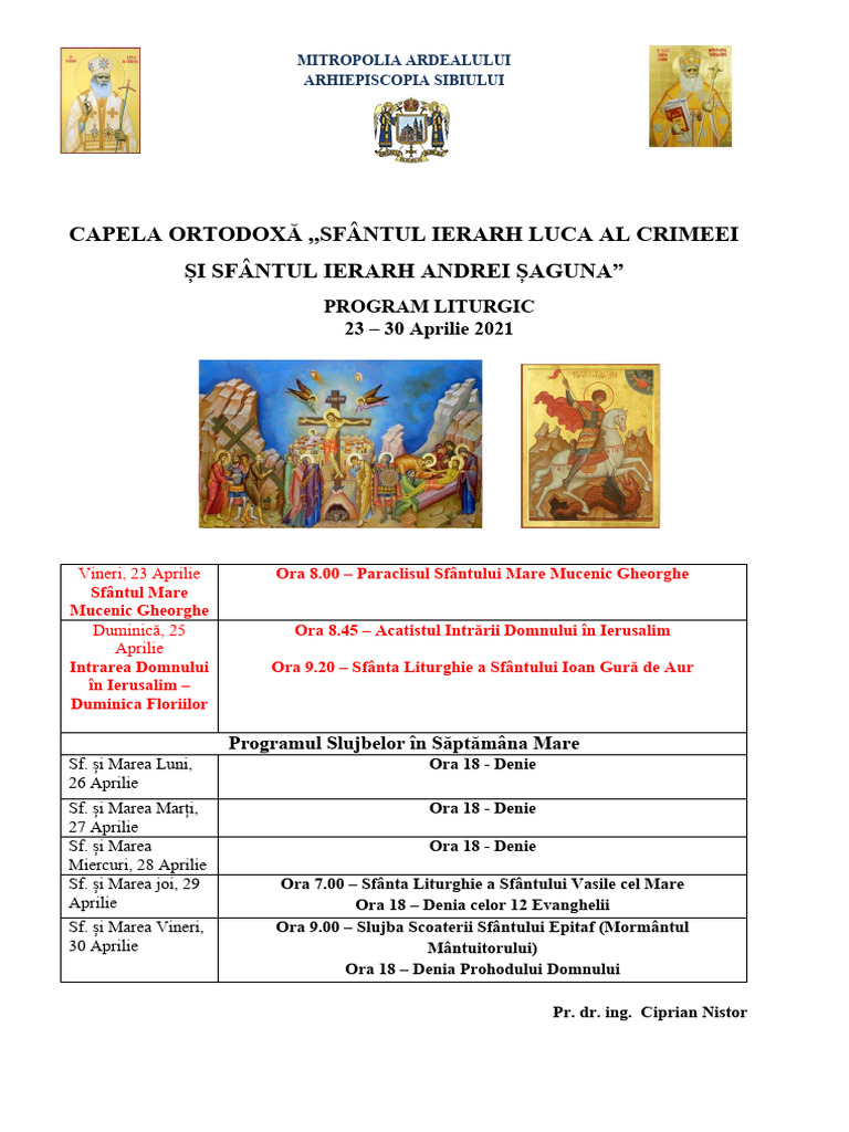 PROGRAM LITURGIC - 23 Aprilie - 30 Aprilie Saptamana Mare | PDF