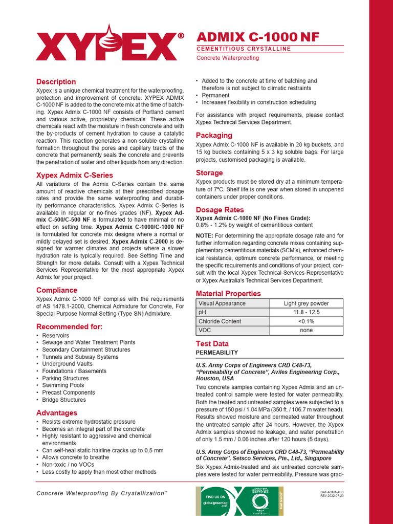 Xypex Waterproofing Admixture c1000nf PDF Concrete Cement