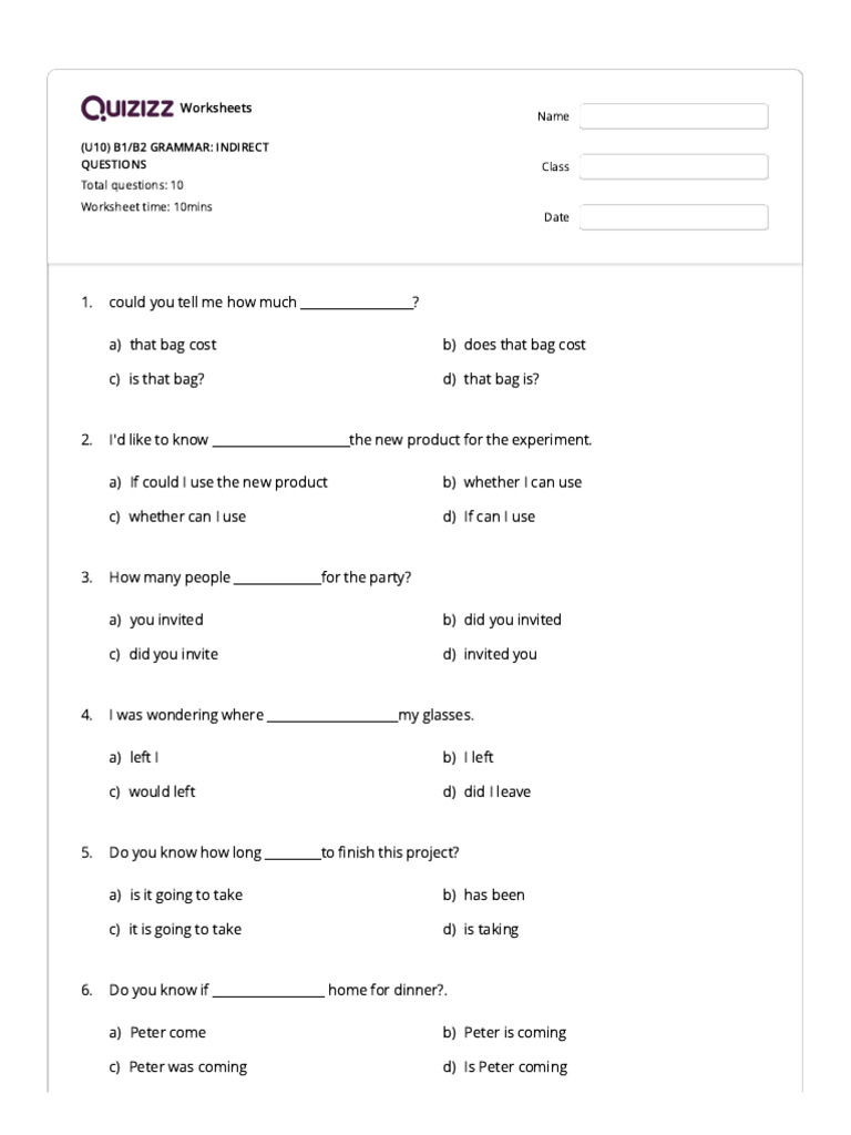 Indirect Questions Quiz Worksheet | PDF | Language Arts & Discipline