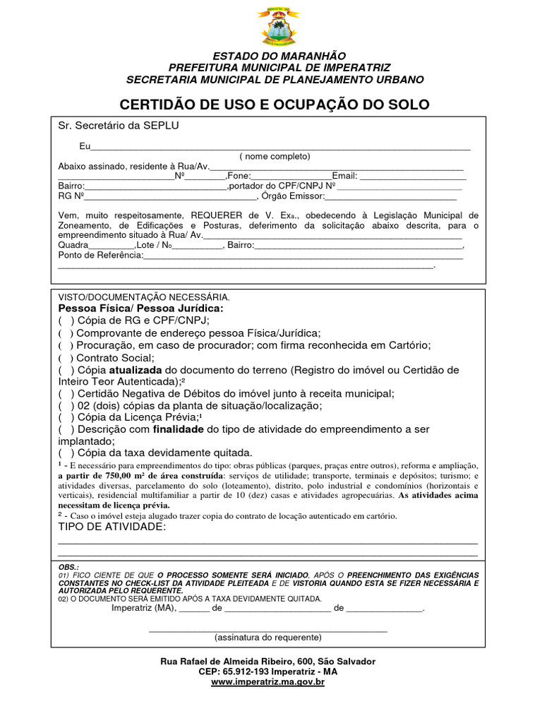 Check List Requerimento Certidão de Uso e Ocupação Do Solo | PDF