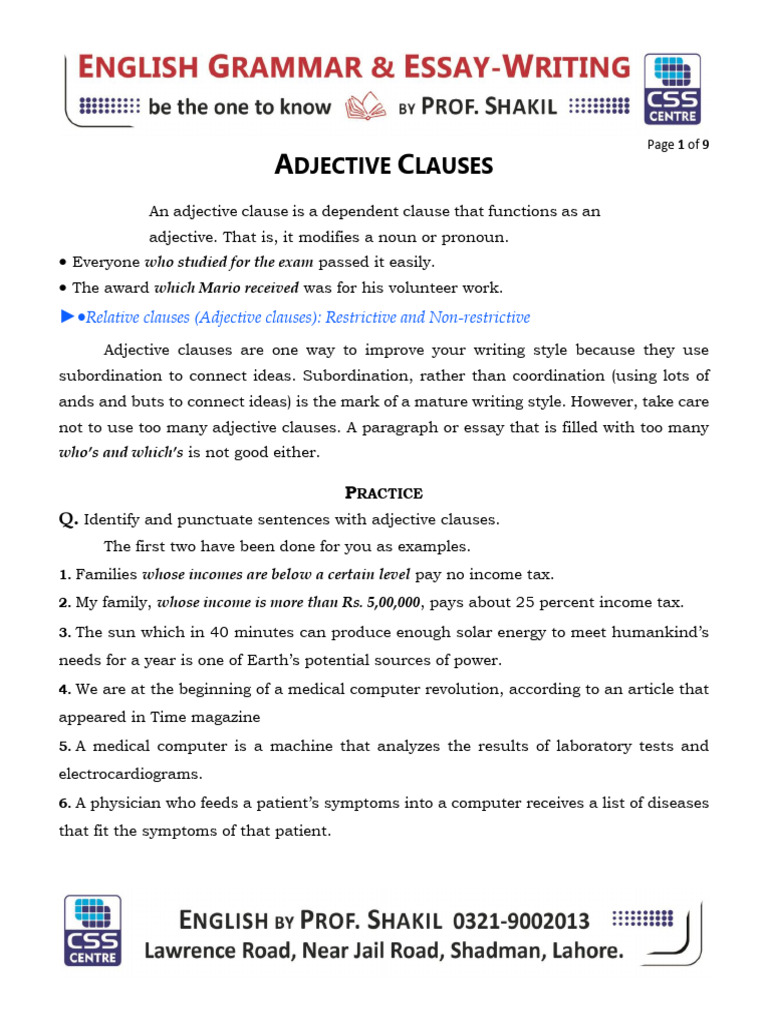 Understanding Adjective Clauses in Writing | PDF | Adjective | Subject ...