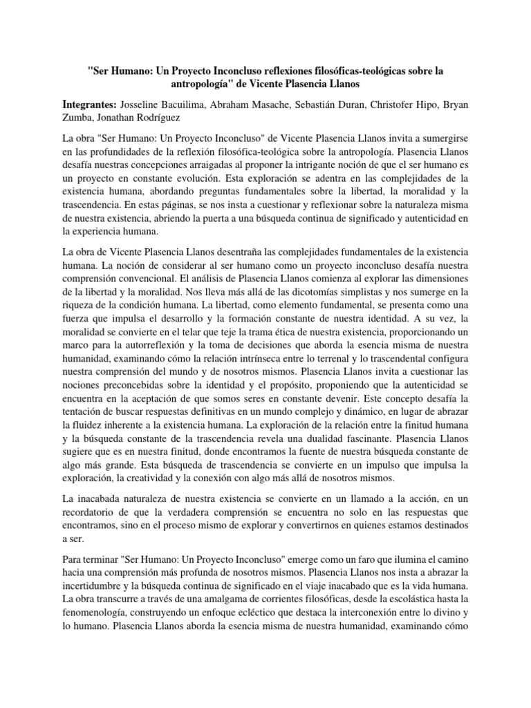 El Ser Humano como Proyecto Inconcluso | PDF | Trascendencia (filosofía ...