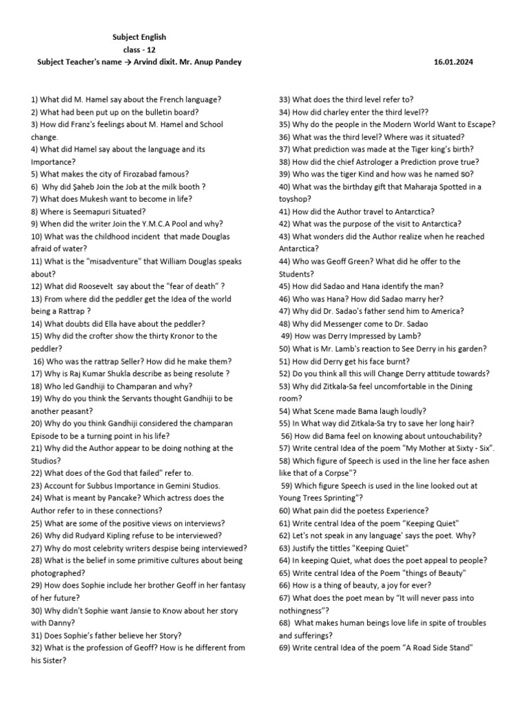 Class 12 English Olympiad Questions | PDF | Languages | Foreign ...