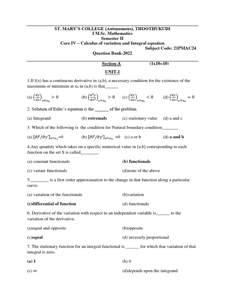 Calculus of Variations Question Bank | PDF | Equations | Mathematical ...