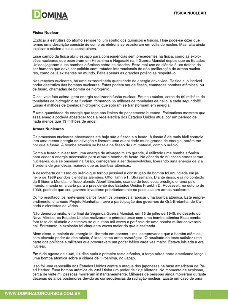 01 Física Nuclear Pdf Armas Nucleares Núcleo Atômico