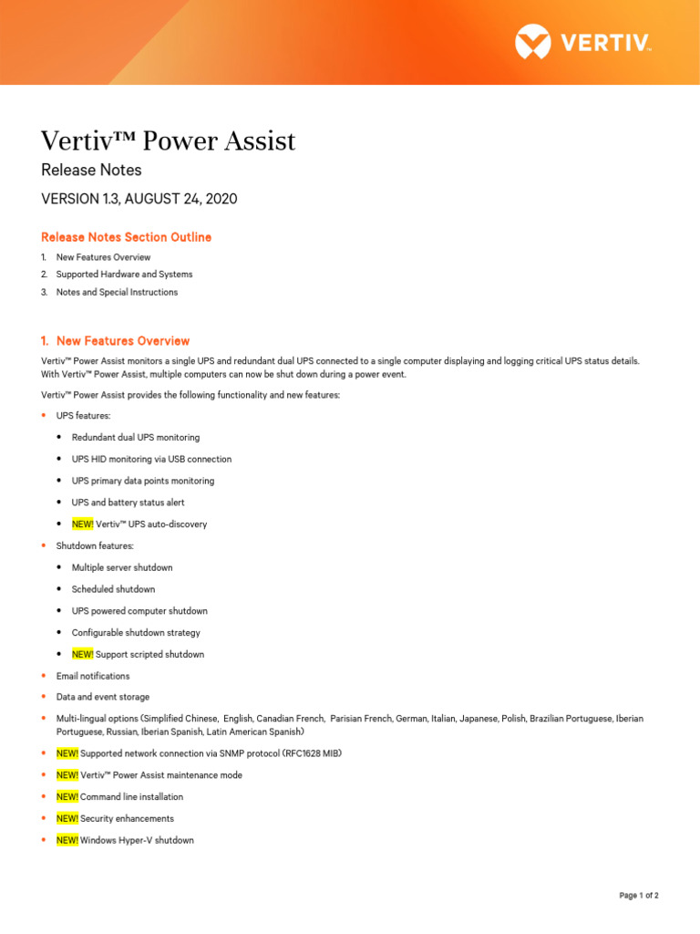 Power Assist Release Notes v1.3 - VERTIV | PDF | Operating System | Usb