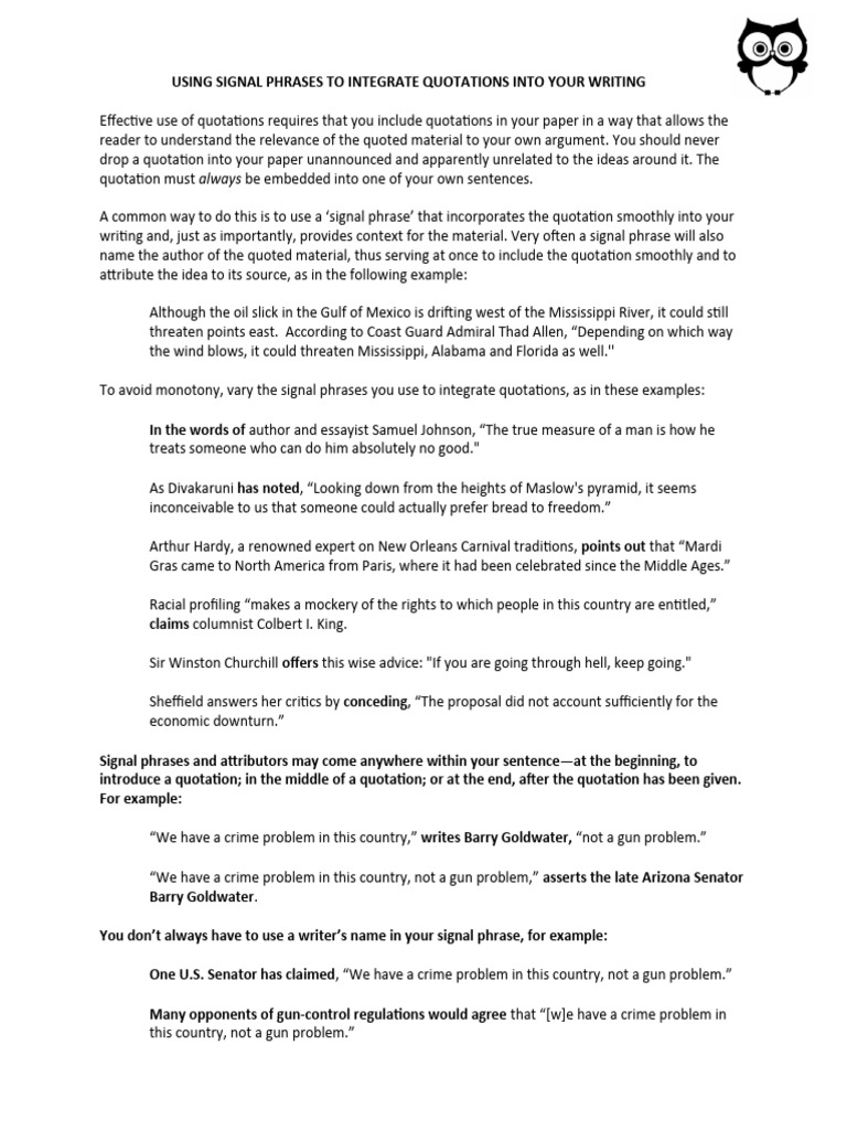 Signal Phrases To Introduce Quotations | PDF | Citation | Punctuation, image size:768x1024