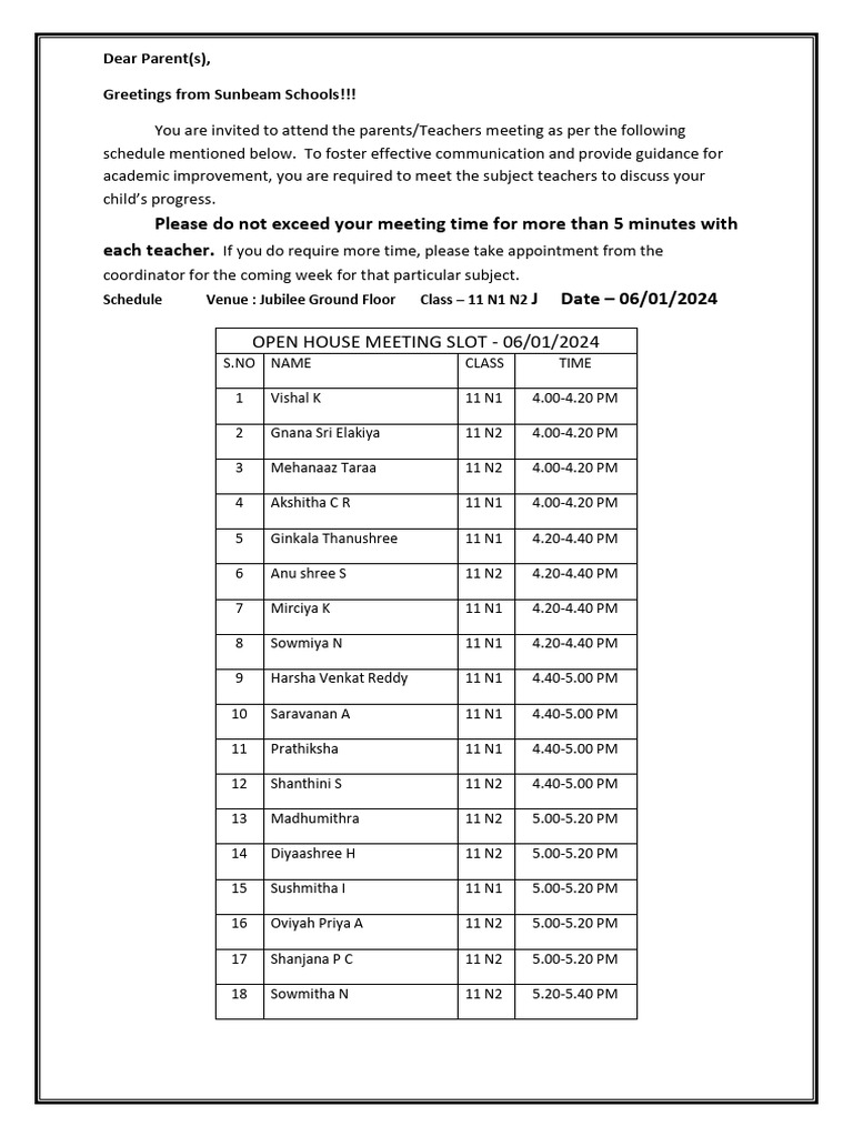 Parents Meeting Schedule - 06.01.2024 | PDF