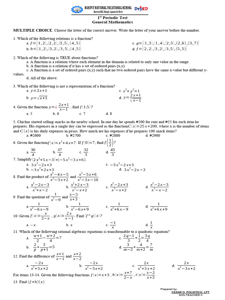 Gen Math Exam 1ST PERIODIC | PDF | Function (Mathematics ...