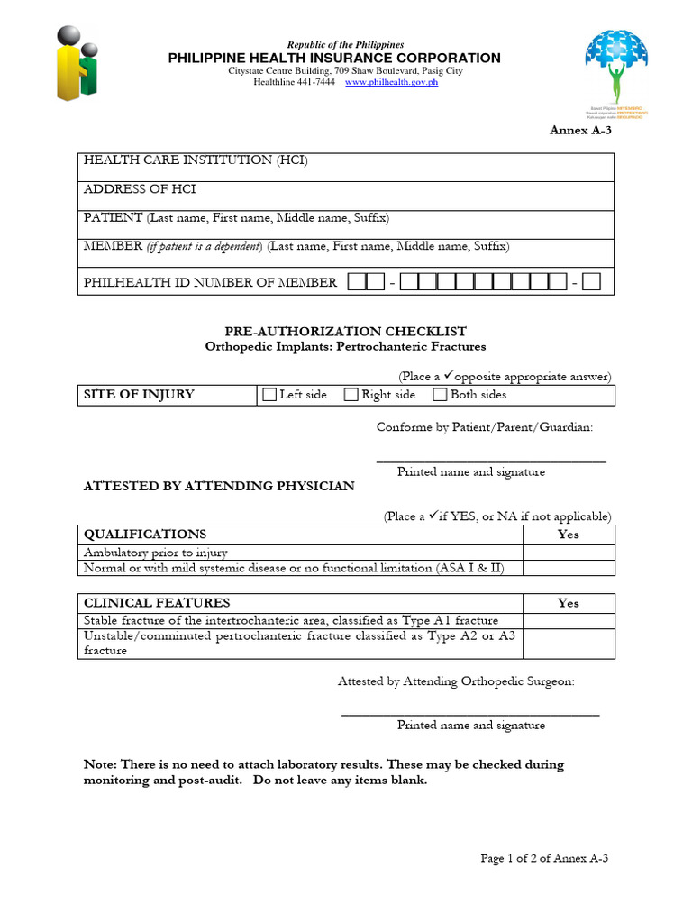 Pre-Authorization Checklist for Orthopedic Implants | PDF | Patient ...