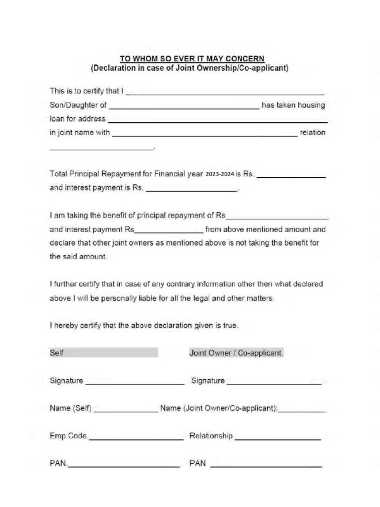 Joint Declaration for availing benefit of House Loan PDF