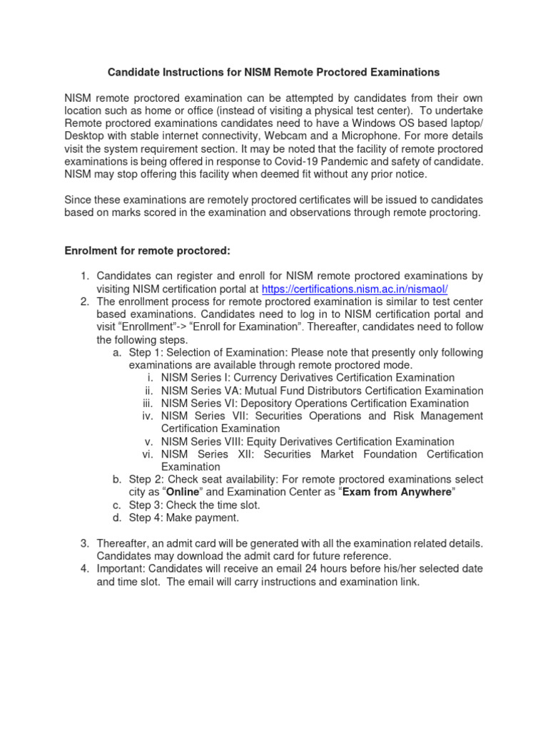 NISM Remote Proctored Exam Guidelines | PDF | Operating System | Laptop