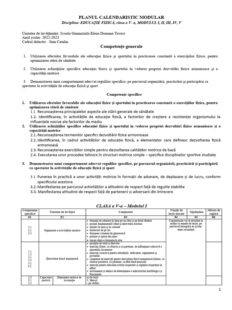 Gimnaziu - Efs - Planul Calendaristic Modular - 2023 - 2024 | PDF