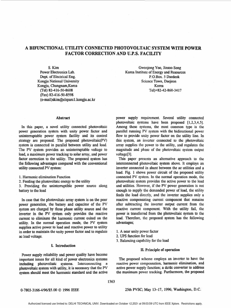  1996 a bifunctional utility connected photovoltaic system with power