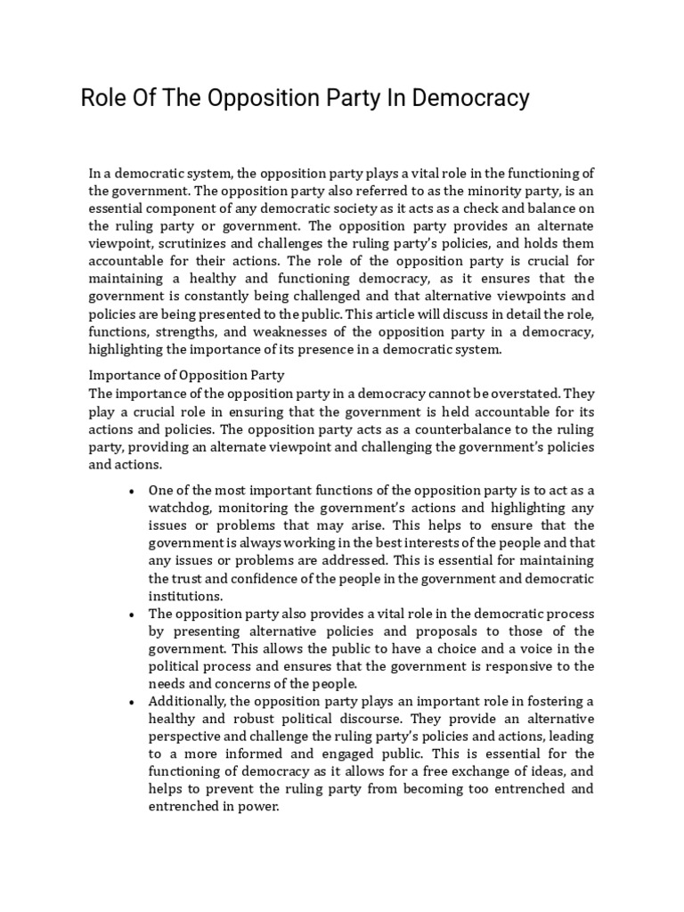 Role of opposition party in a democracy PDF Democracy Political