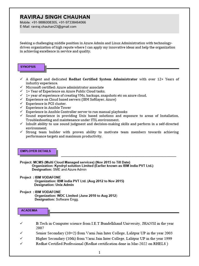 Azure & Linux Admin Resume of Raviraj Chauhan | PDF | Red Hat | Cloud ...
