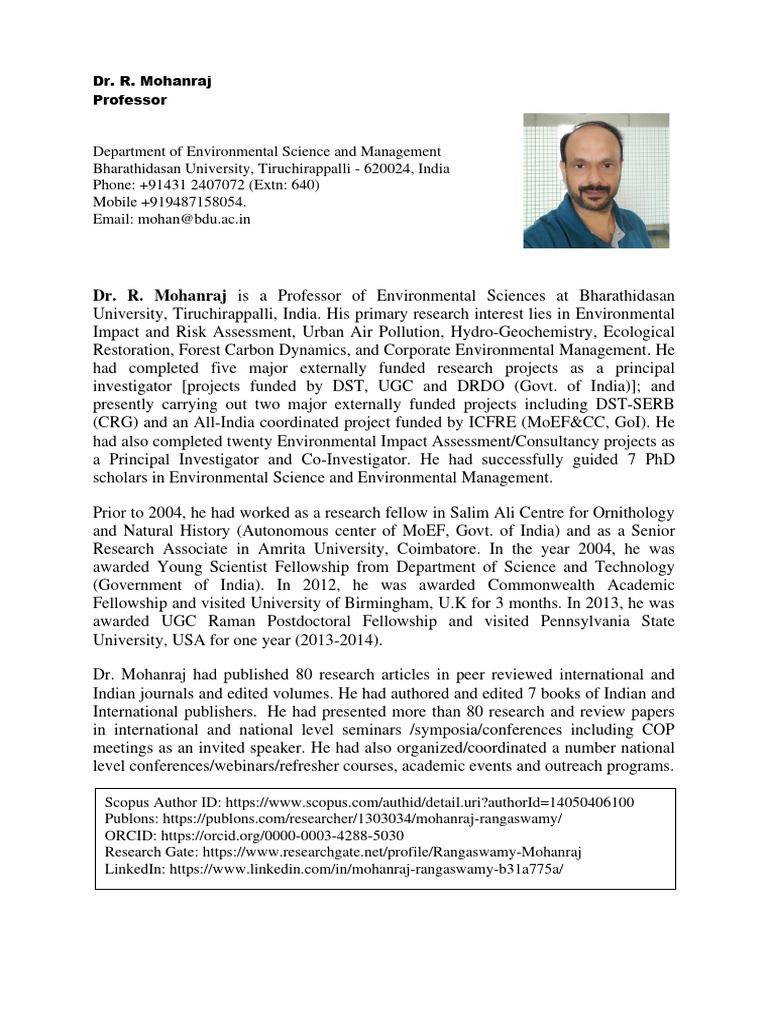 Dr. R. Mohanraj: Environmental Science Expert | PDF | Polycyclic ...
