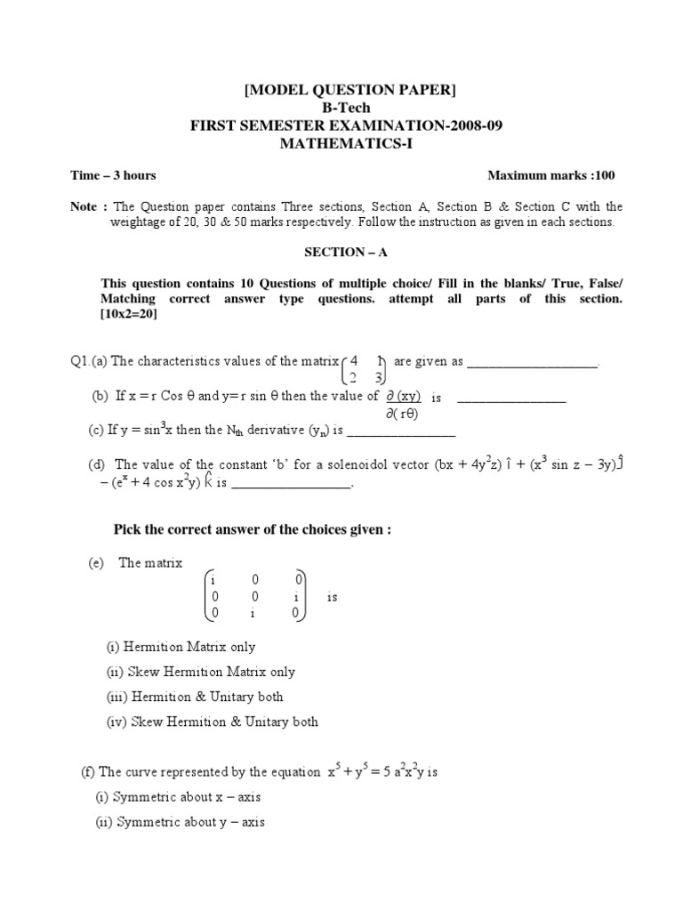 B-Tech Mathematics-I Question Paper | PDF | Matrix (Mathematics) | Geometry