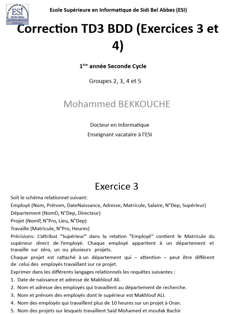 Correction TD3 BDD: Exercices 3 et 4 | PDF | SQL