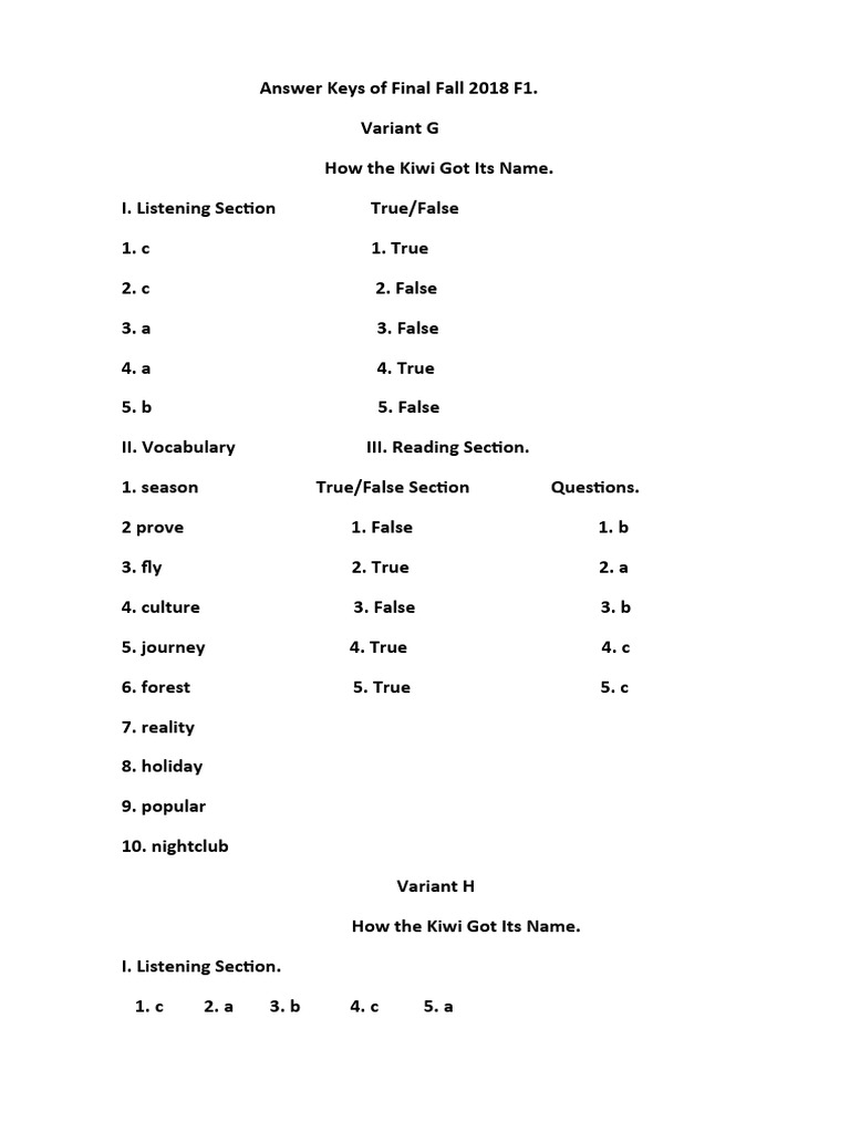 Answer Key of Final F1V.G. and V.H. | PDF