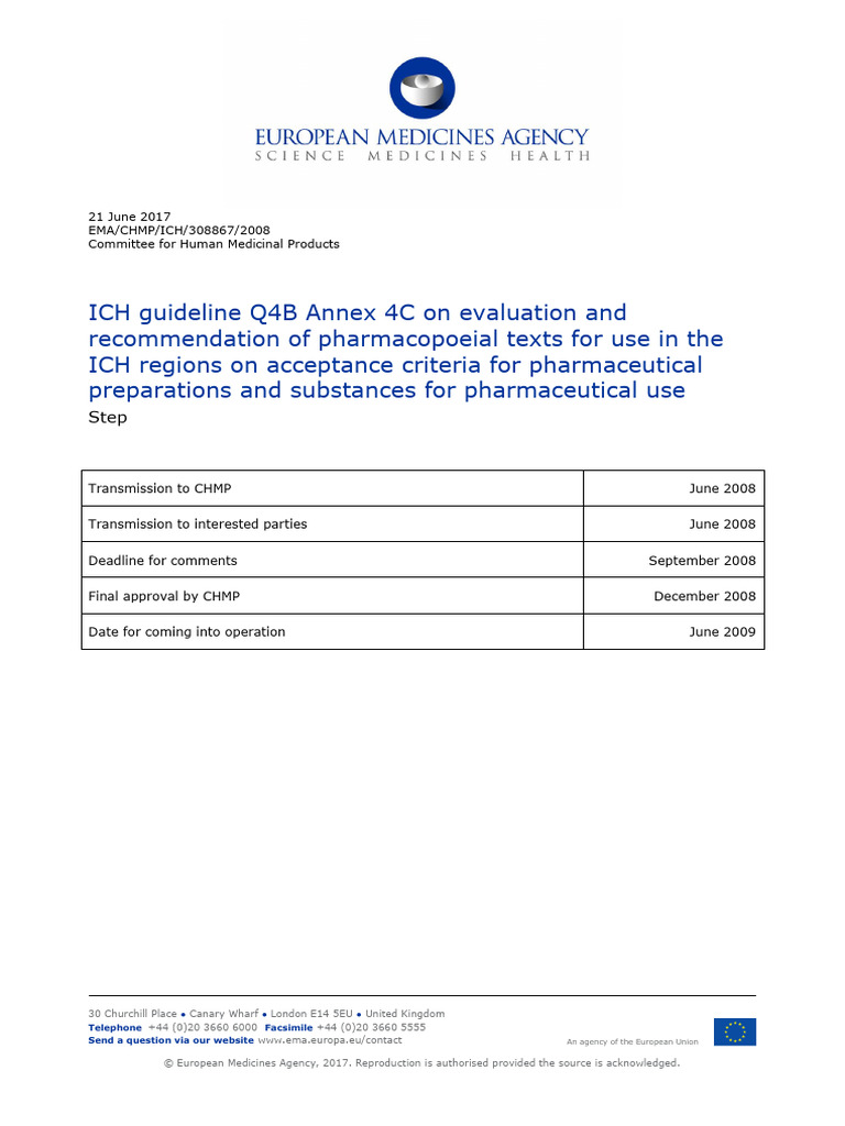 Ich Guideline q4b Annex 4c Evaluation Recommendation Pharmacopoeial ...