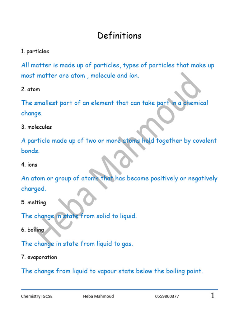 IGCSE Chemistry All Definitions 2024 Answered PDF