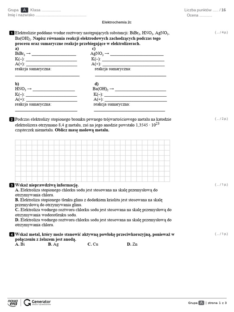 Sprawdzian z elektrochemii klasa 2c R | PDF