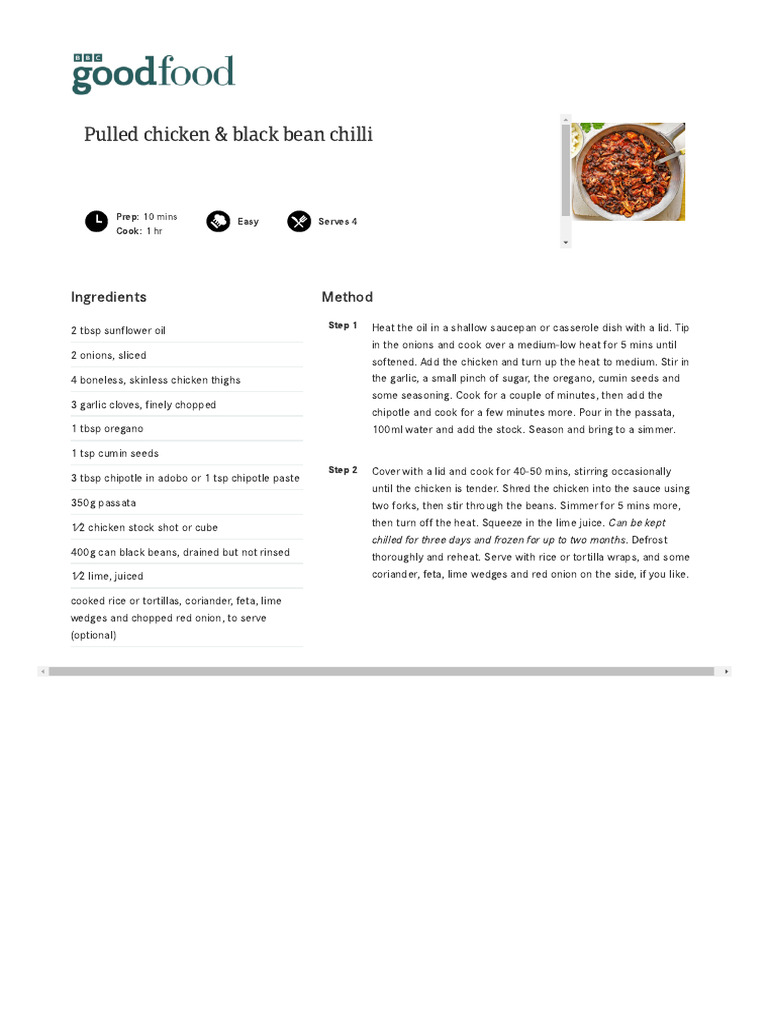Pulled Chicken & Black Bean Chilli Recipe BBC Good Food PDF