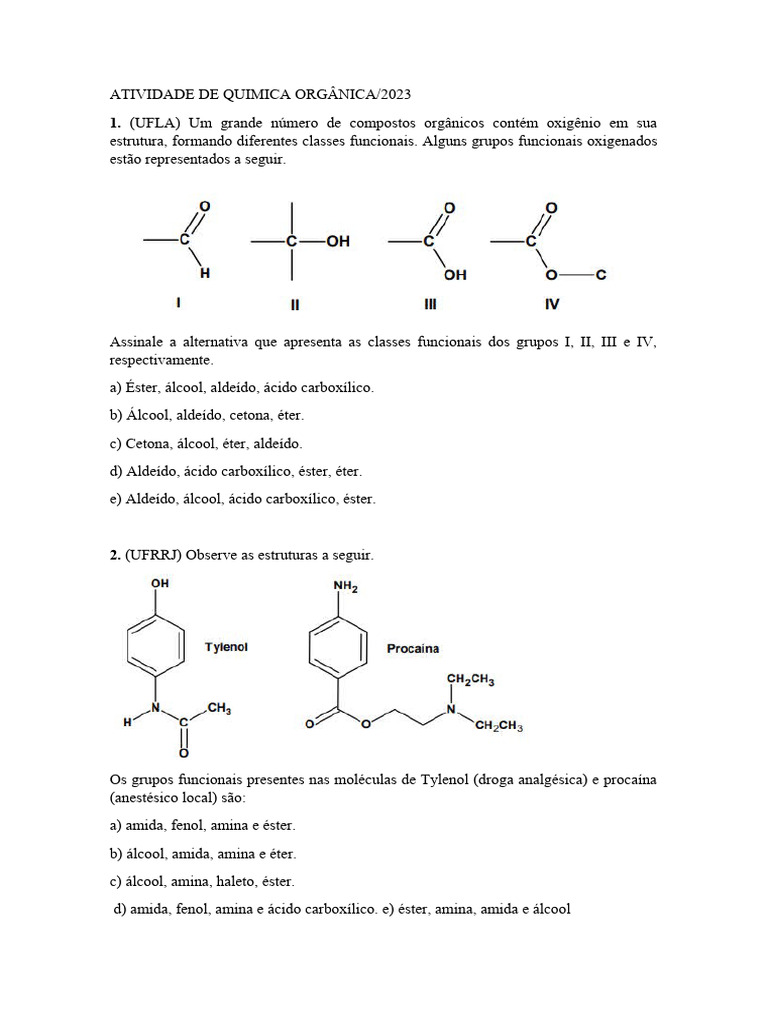 Atividade de Quimica Orgânica | PDF | Amina | Aldeído