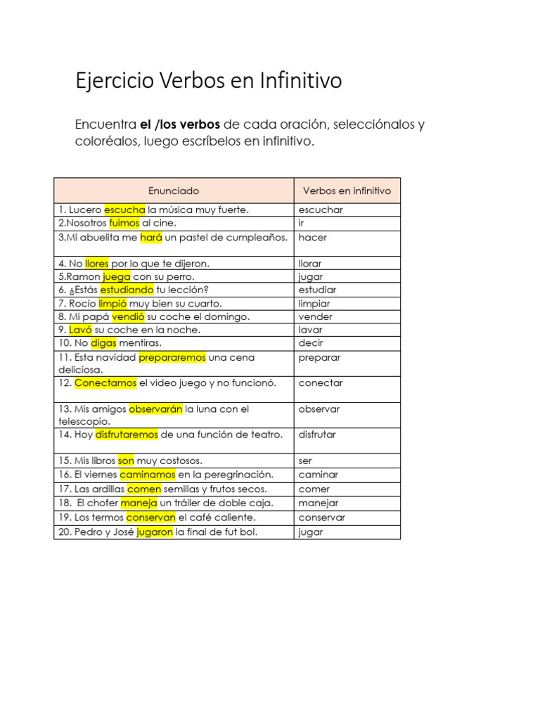 Ejercicio Verbos en Infinitivo PDF