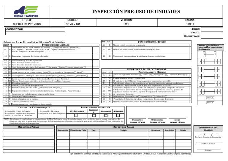 Op-r-001 Registro de Inspección Pre-uso de Unidades de Ruta | PDF ...