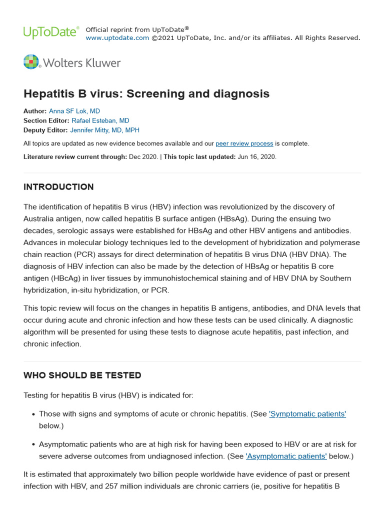 Hepatitis B Virus - Screening and Diagnosis | PDF | Hepatitis B | Hepatitis