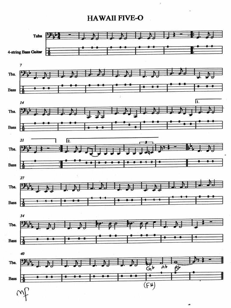 4 String Bass Guitar + Tuba Hawaii Five0 PDF