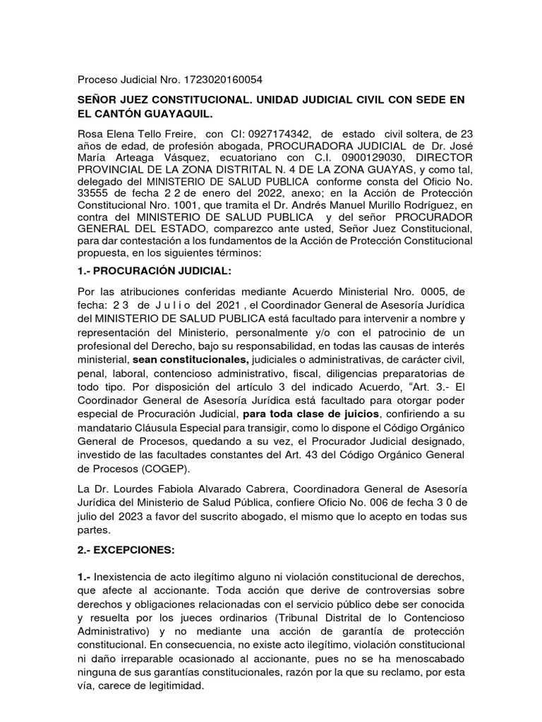 Contestacion A La Demanda de Accion de Proteccion | PDF